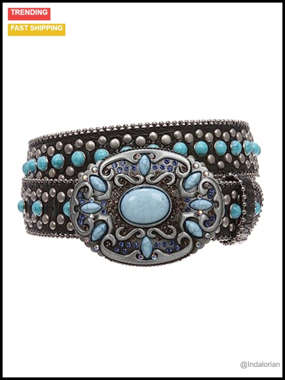 Western Turquoise Rhinestone Studded Faux Crocodile Print Genuine Leather Belt